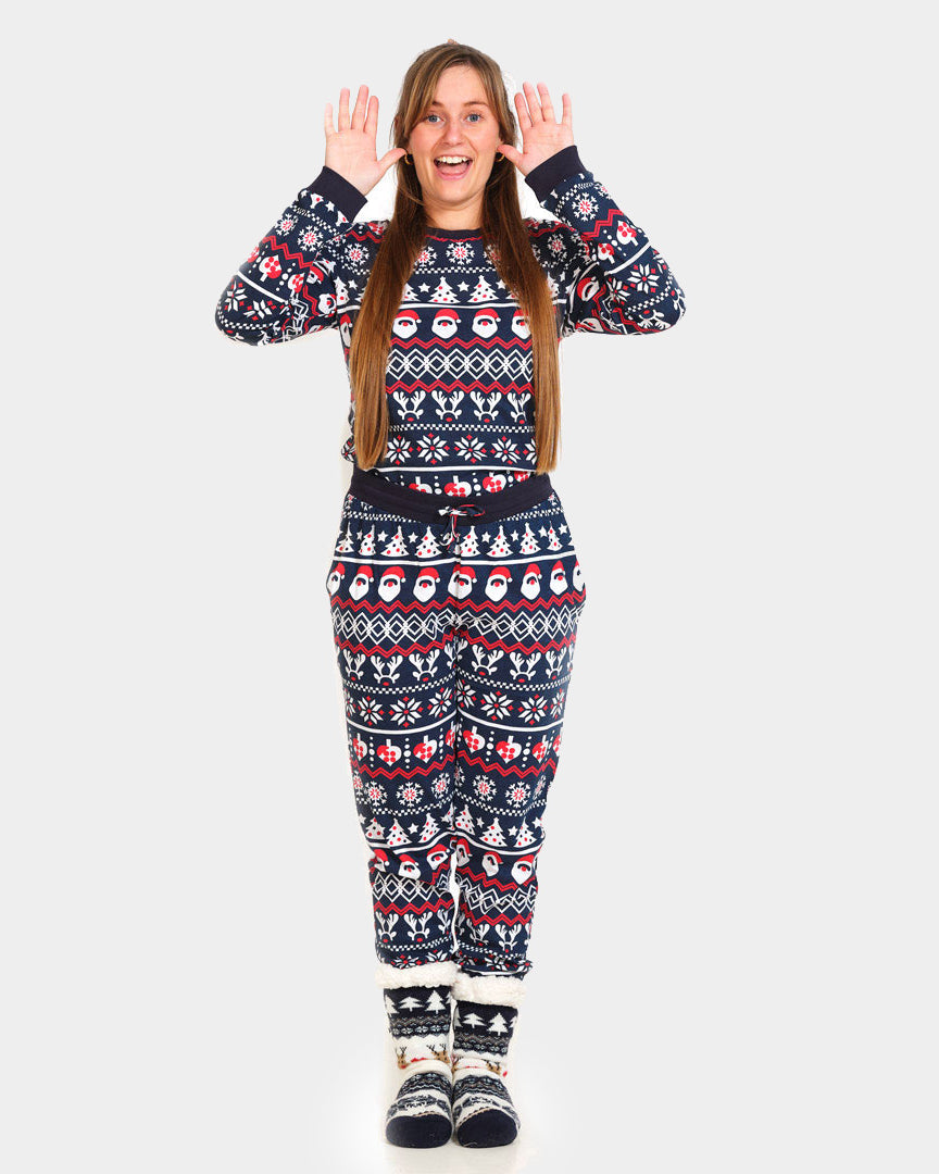 Ugly Christmas Piyama for Family with Santa, Reindeers and Hearts womens
