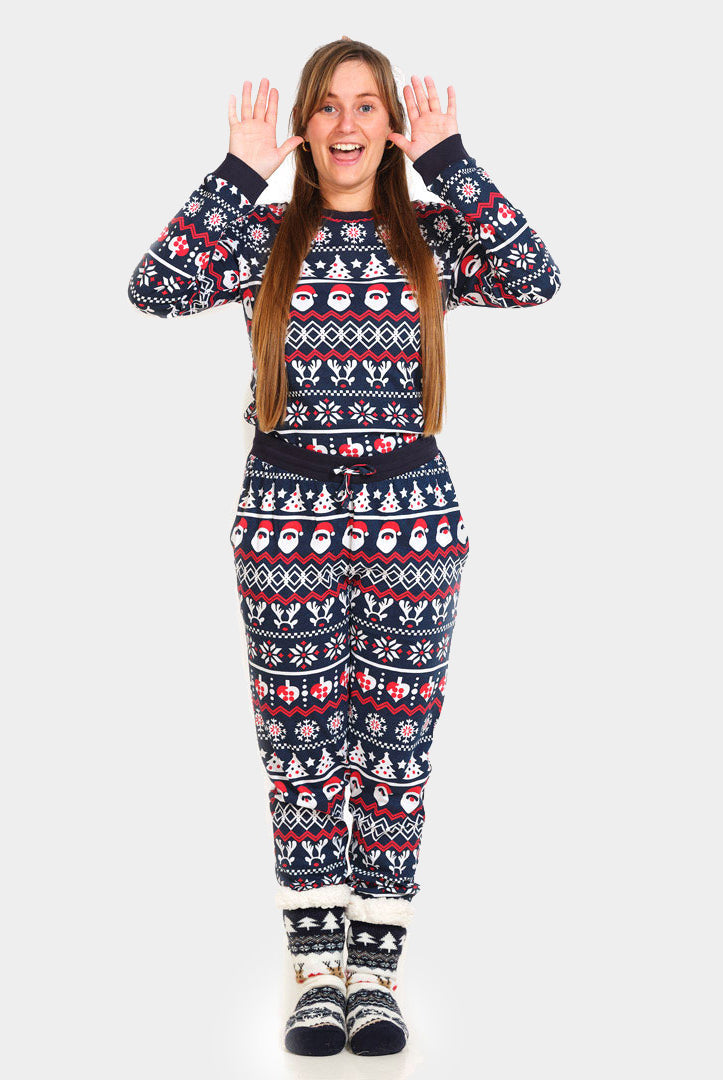 Ugly Christmas Piyama for Family with Santa, Reindeers and Hearts womens