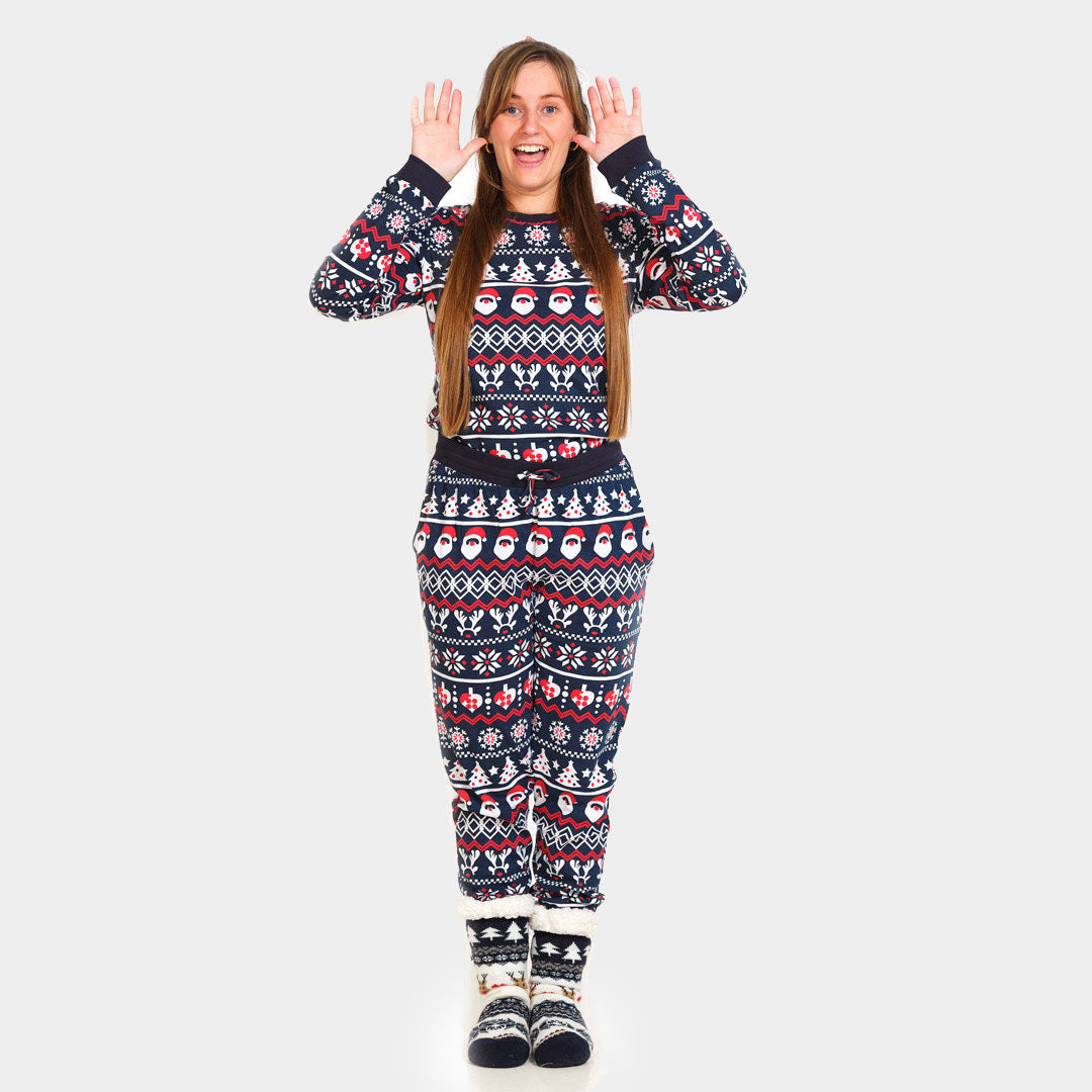 Ugly Christmas Piyama for Family with Santa, Reindeers and Hearts womens