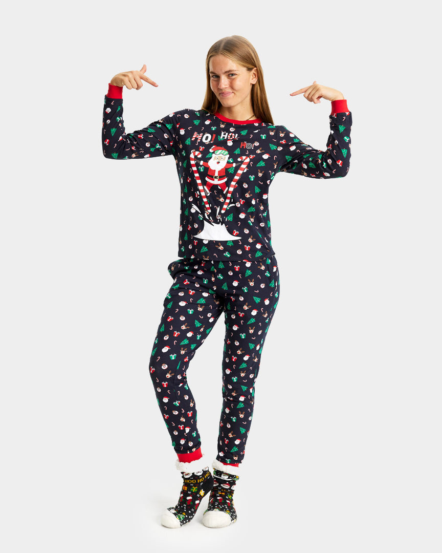 Ugly Christmas Piyama for Family with Skiing Santa womens