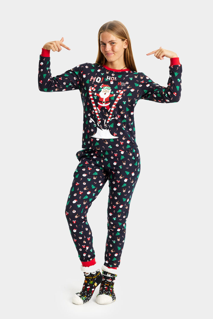 Ugly Christmas Piyama for Family with Skiing Santa womens