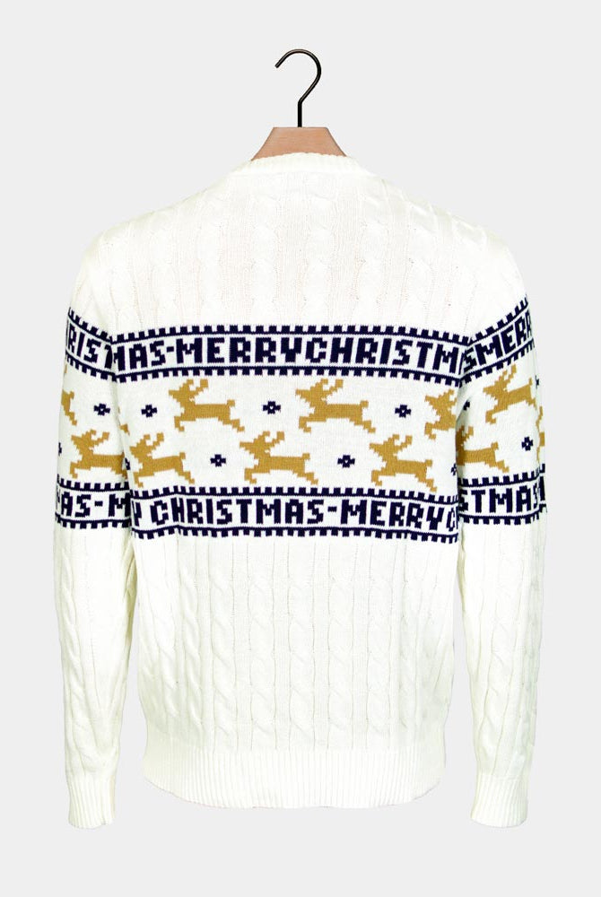 Classy White Family Organic Cotton Ugly Christmas Sweater with Reindeers back