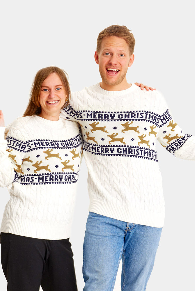 Classy White Family Organic Cotton Ugly Christmas Sweater with Reindeerscouple