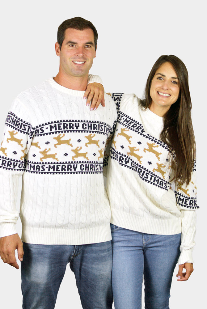 Couple Classy White Family Organic Cotton Ugly Christmas Sweater with Reindeers