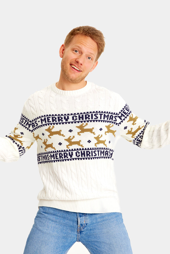 Classy White Family Organic Cotton Ugly Christmas Sweater with Reindeers mens