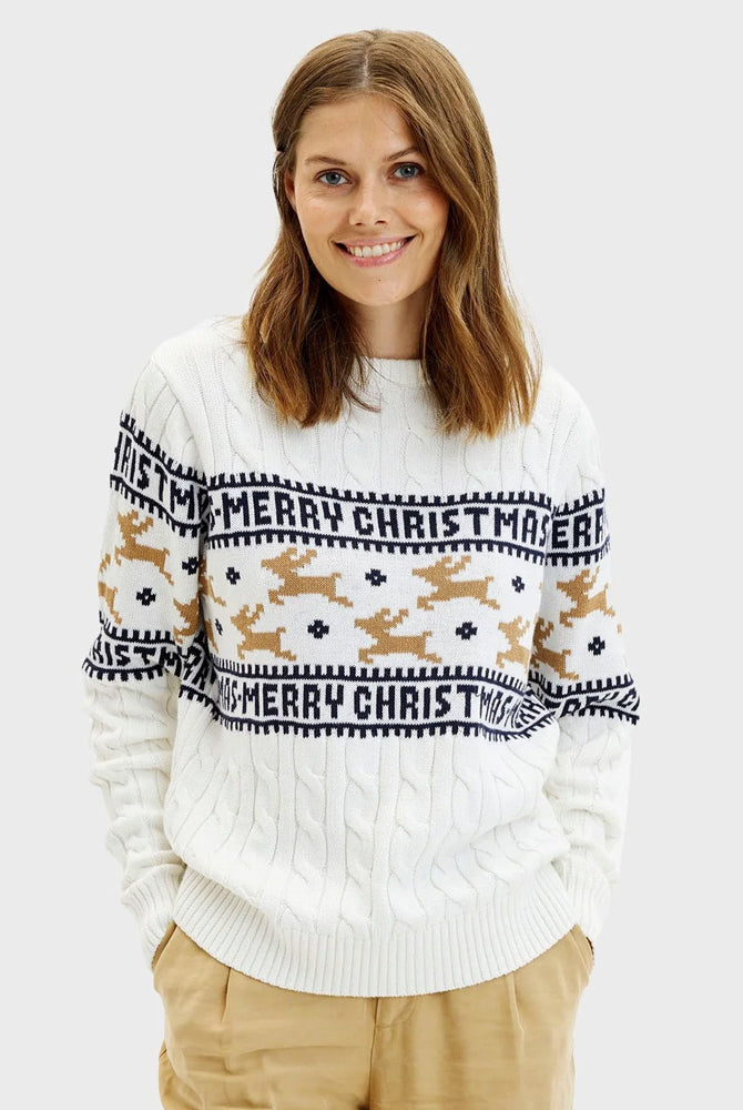 Classy White Family Organic Cotton Ugly Christmas Sweater with Reindeerswomens