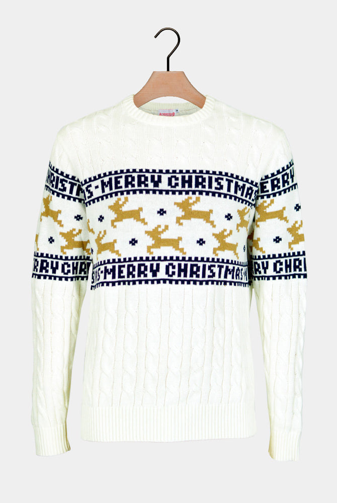 Classy White Family Organic Cotton Ugly Christmas Sweater with Reindeersç