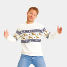 Elegant White Organic Cotton Ugly Christmas Sweater with Reindeers Mens