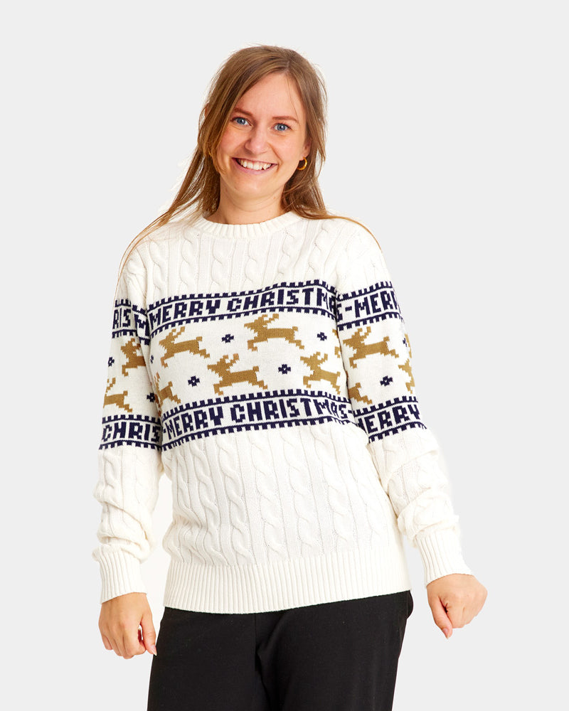 Elegant White Organic Cotton Ugly Christmas Sweater with Reindeers Womens