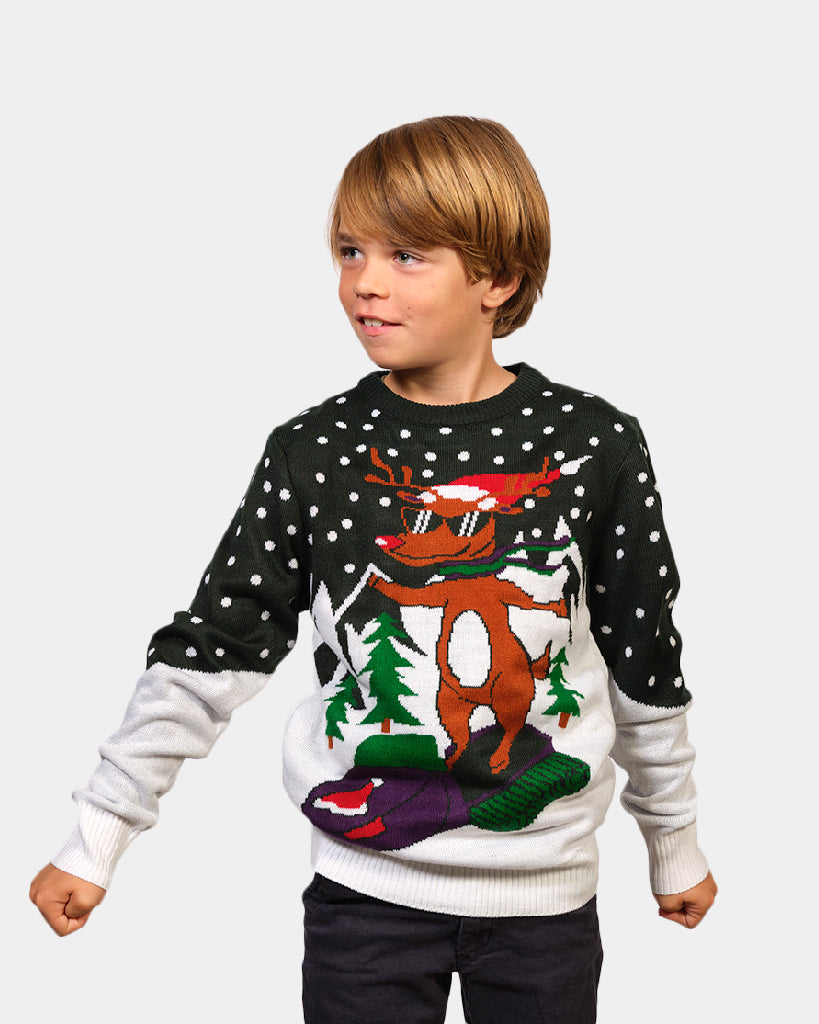 Boys Family Ugly Christmas Sweater with Reindeer on Snowmobile