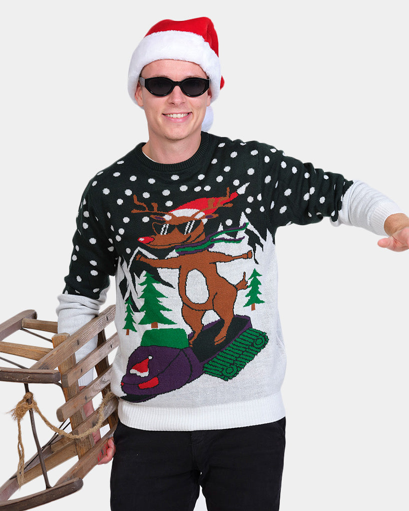 Mens Family Ugly Christmas Sweater with Reindeer on Snowmobile