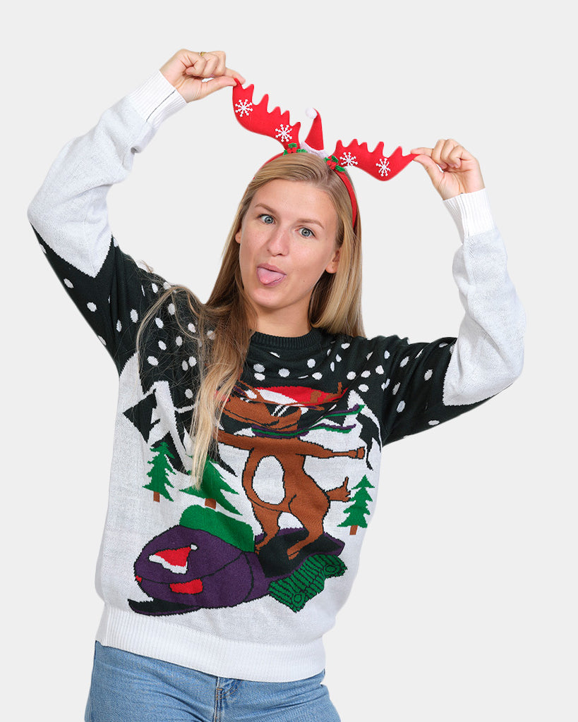 Womens Family Ugly Christmas Sweater with Reindeer on Snowmobile