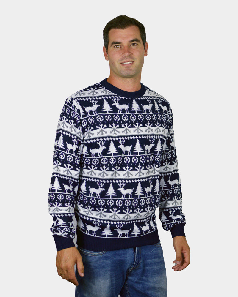 Mens Family Ugly Christmas Sweater with Reindeers and Trees Strips
