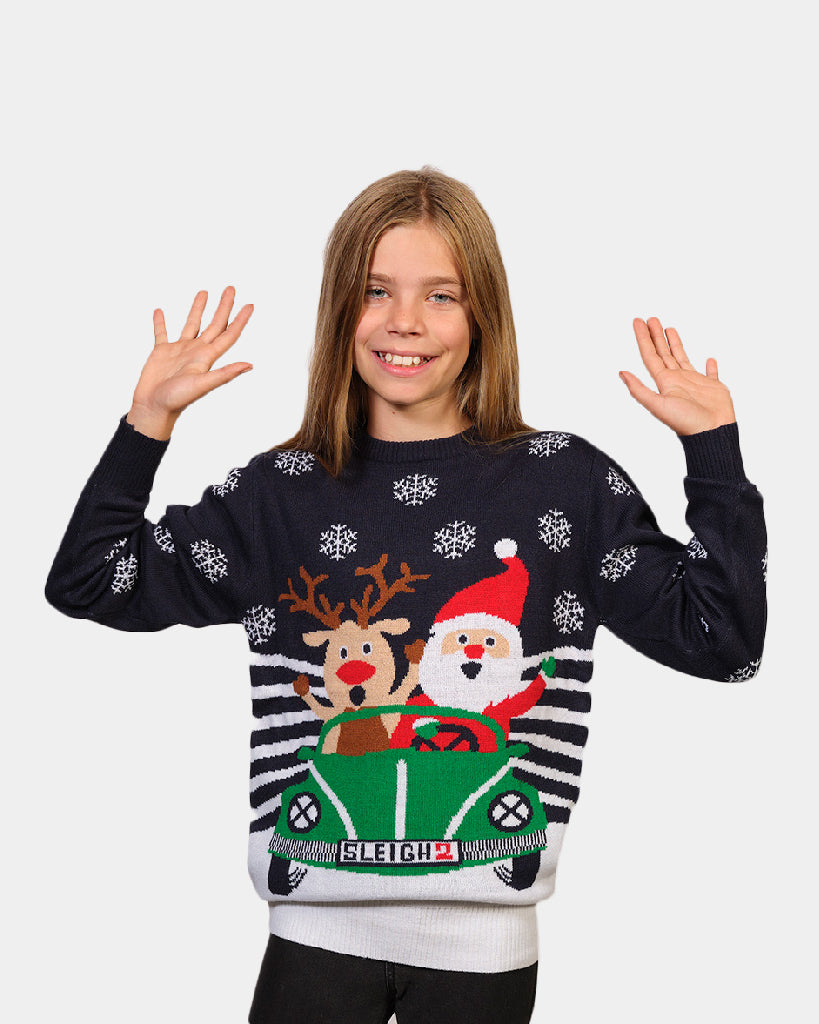 Girls Family Ugly Christmas Sweater with Santa and Reindeer Driving