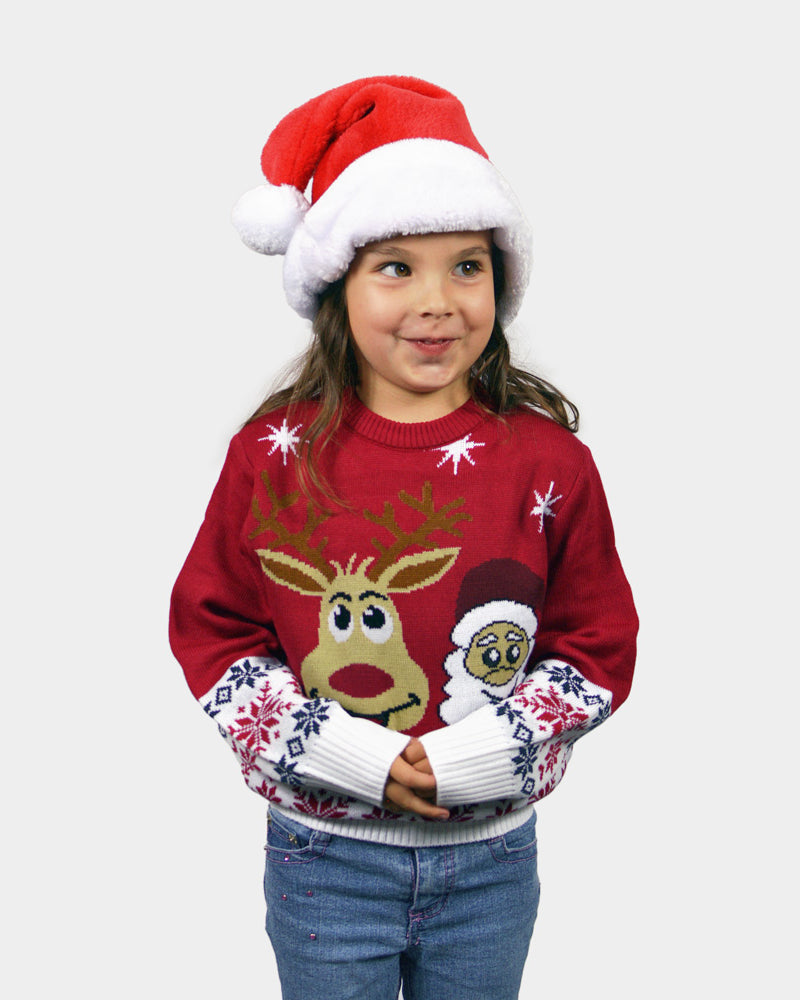 Girls Ugly Christmas Sweater with Santa and Rudolph Smiling