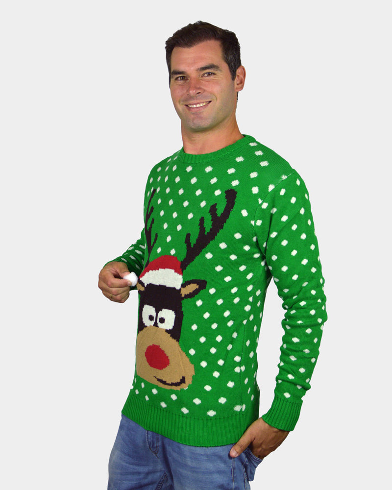 Mens Green 3D Ugly Christmas Sweater Reindeer with Santa's hat