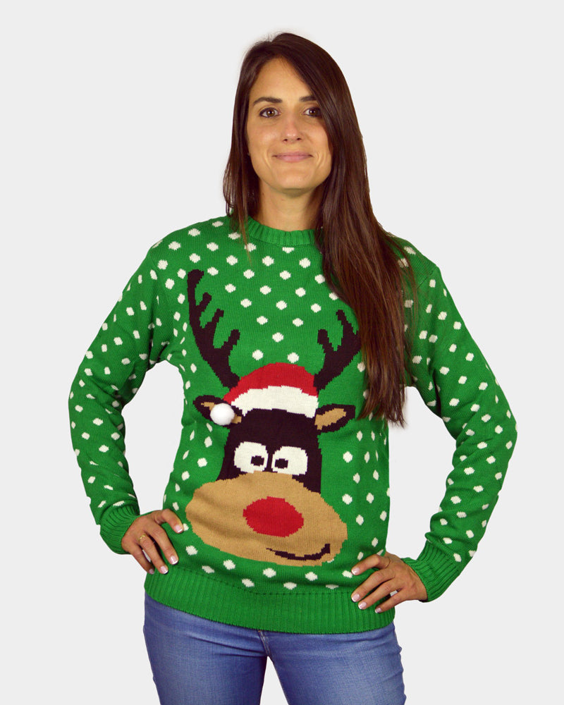 Womens Green 3D Ugly Christmas Sweater Reindeer with Santa's hat