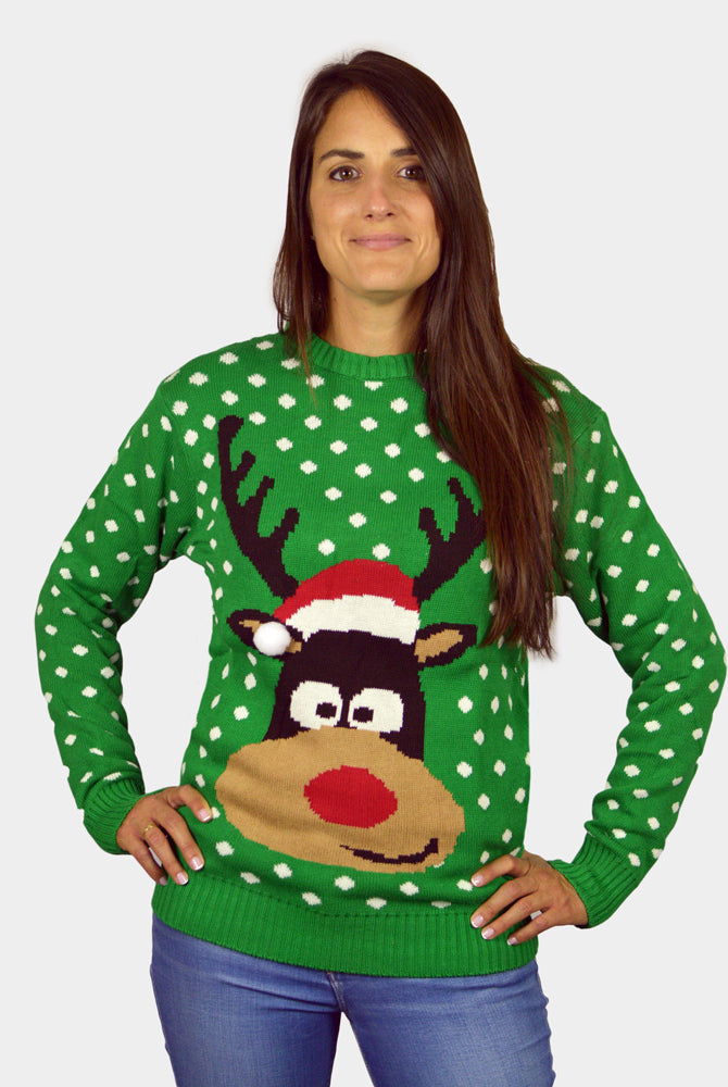 Womens Green 3D Ugly Christmas Sweater Reindeer with Santa's hat