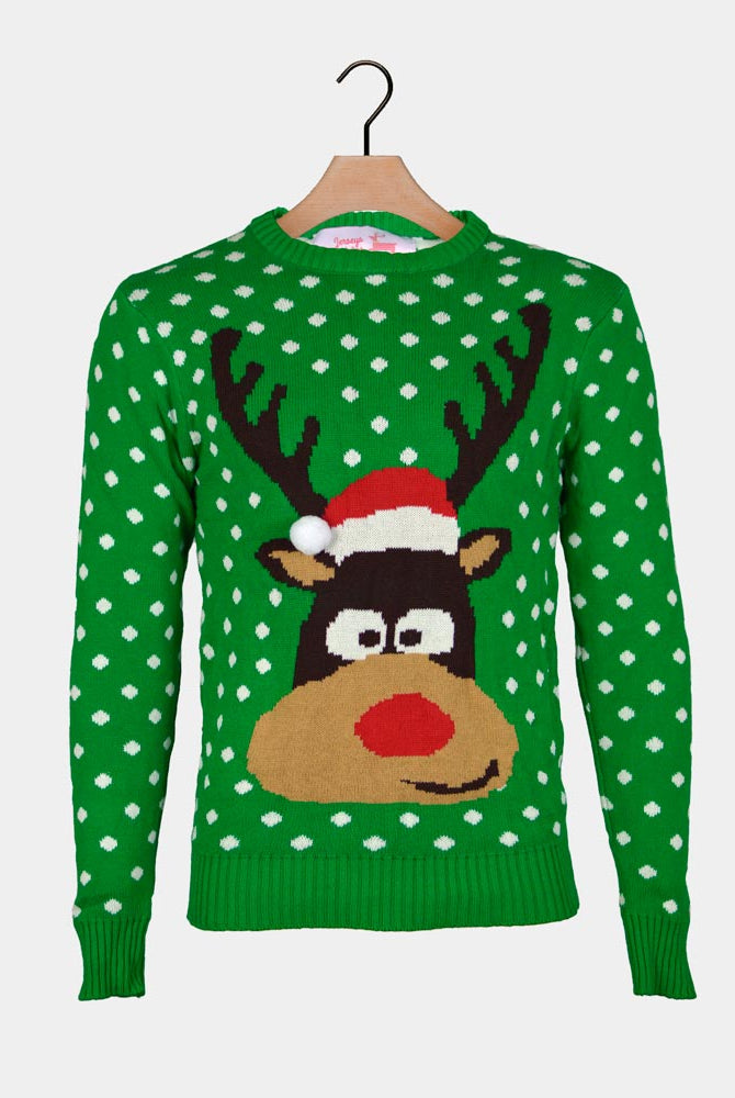 Green 3D Ugly Christmas Sweater Reindeer with Santa's hat