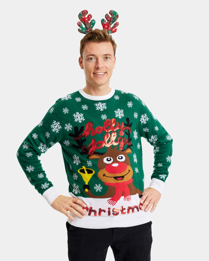 Green Family Ugly Christmas Sweater Holly Jolly with Sequins mens