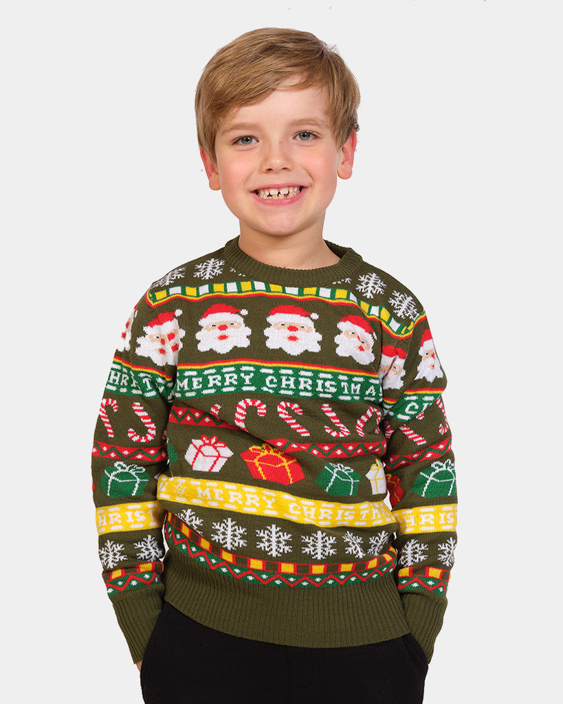 Boys Green Family Ugly Christmas Sweater with Santa and Gifts