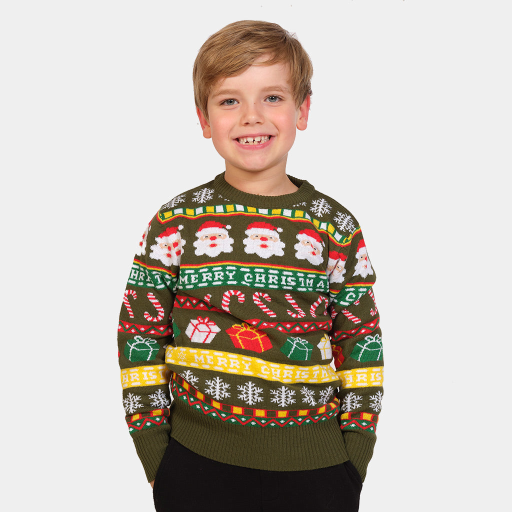 Boys Green Family Ugly Christmas Sweater with Santa and Gifts