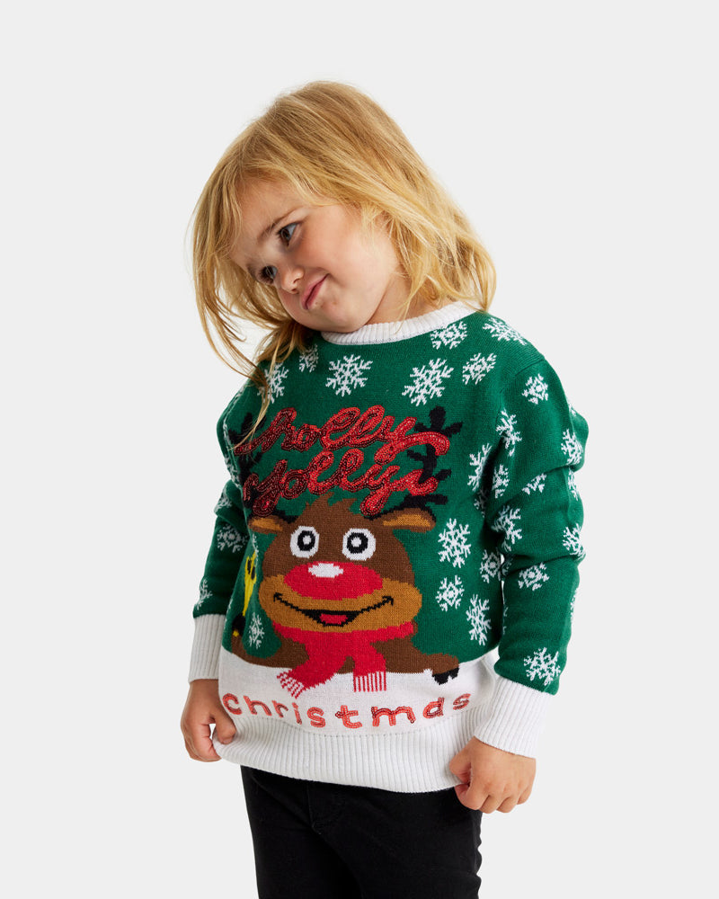Green Girls Ugly Christmas Sweater Holly Jolly with Sequins