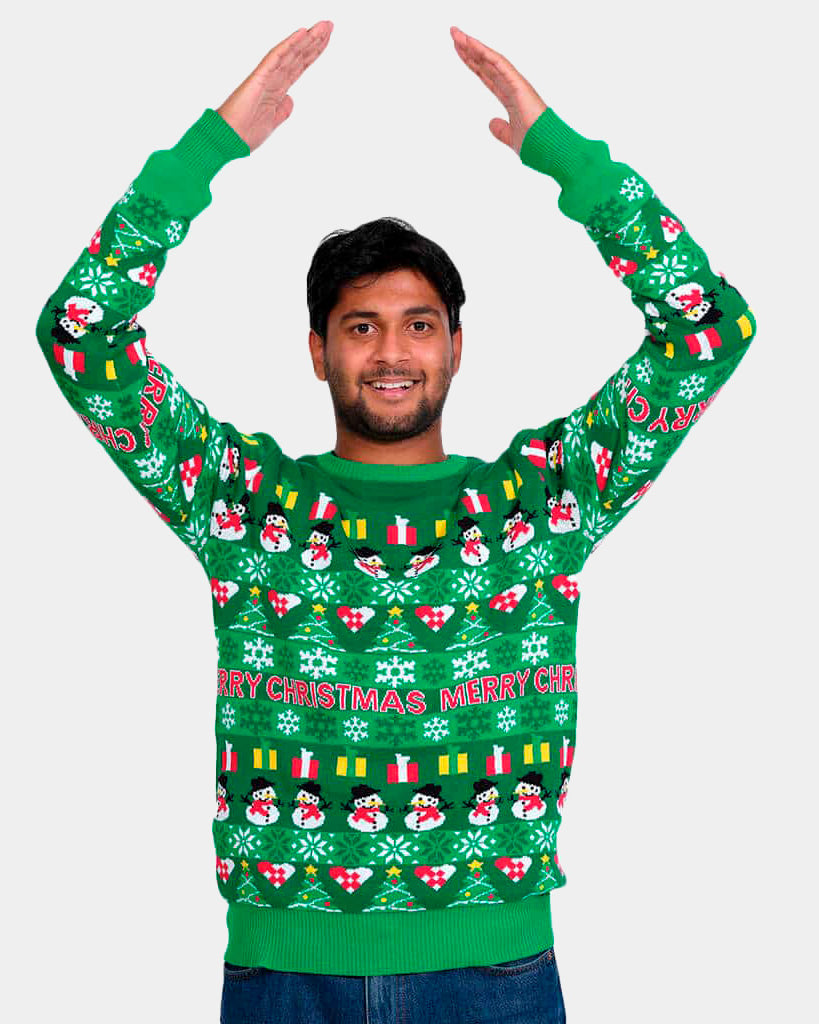 Mens Green Organic Cotton Ugly Christmas Sweater with Trees and Snowmens