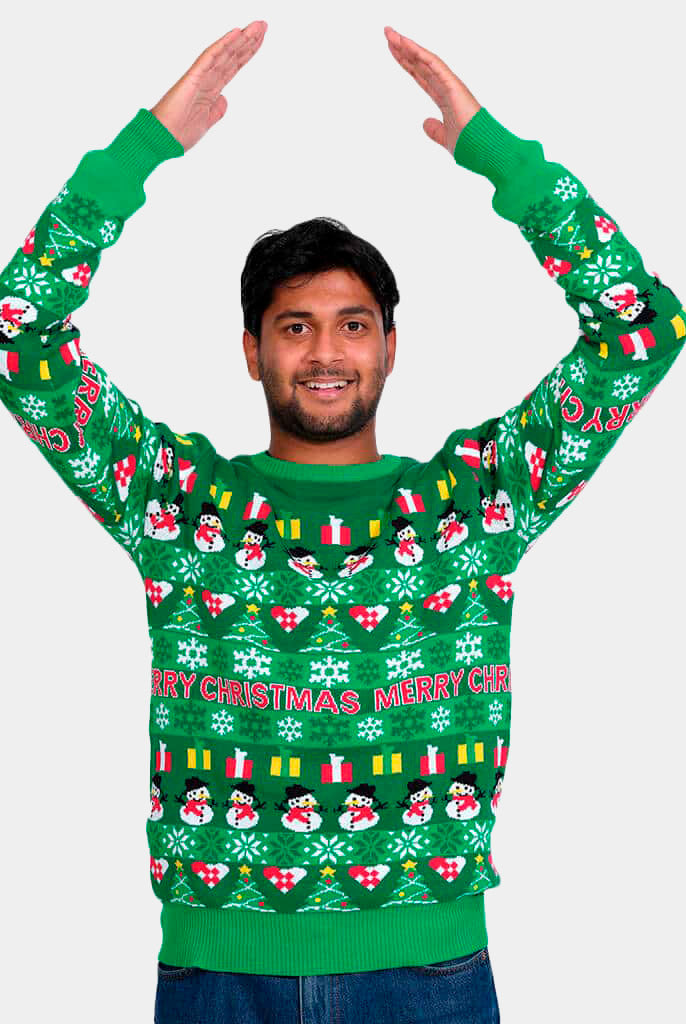 Mens Green Organic Cotton Ugly Christmas Sweater with Trees and Snowmens