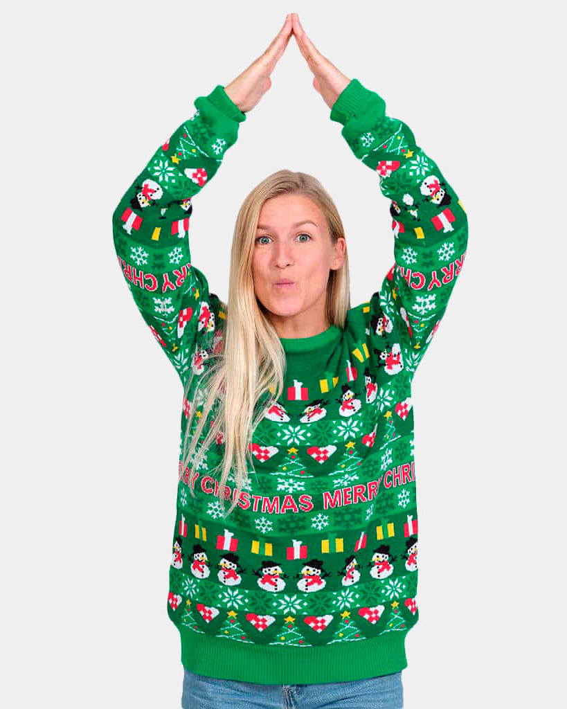 Womens Green Organic Cotton Ugly Christmas Sweater with Trees and Snowmens