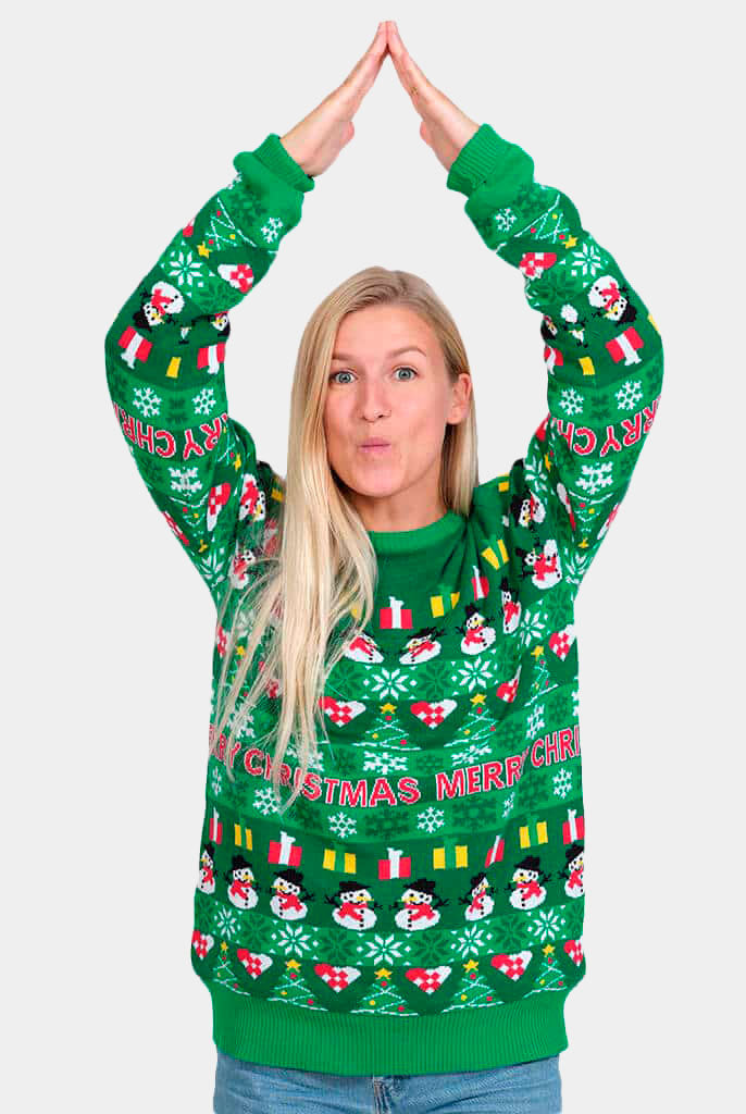Womens Green Organic Cotton Ugly Christmas Sweater with Trees and Snowmens