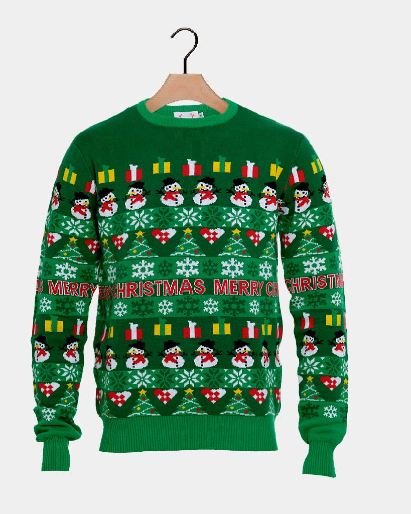 Green Organic Cotton Ugly Christmas Sweater with Trees and Snowmens