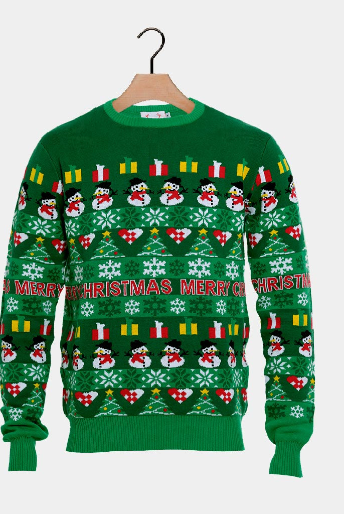 Green Organic Cotton Ugly Christmas Sweater with Trees and Snowmens