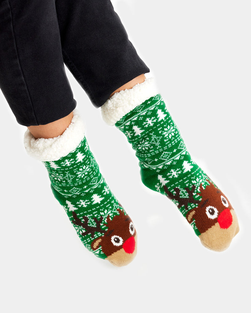 Green Rubber Sole Ugly Christmas Socks with Trees and Reindeer women and men