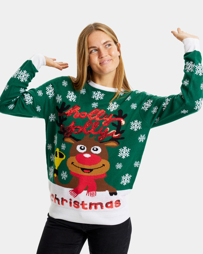 Green Ugly Christmas Sweater Holly Jolly with Sequins womens