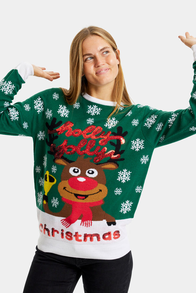 Green Ugly Christmas Sweater Holly Jolly with Sequins womens