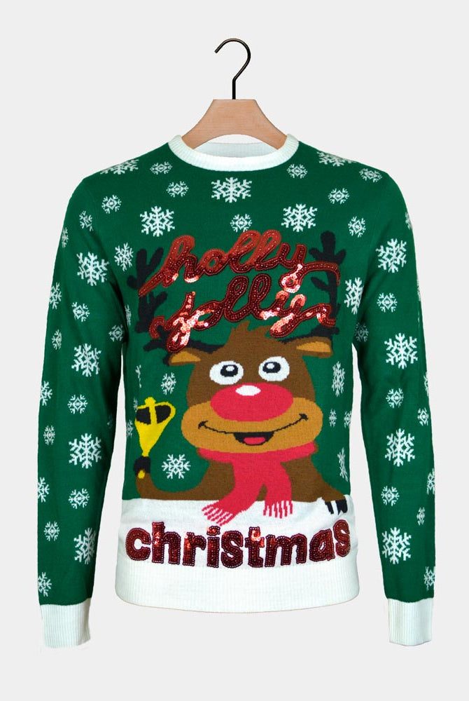 Green Ugly Christmas Sweater Holly Jolly with Sequins