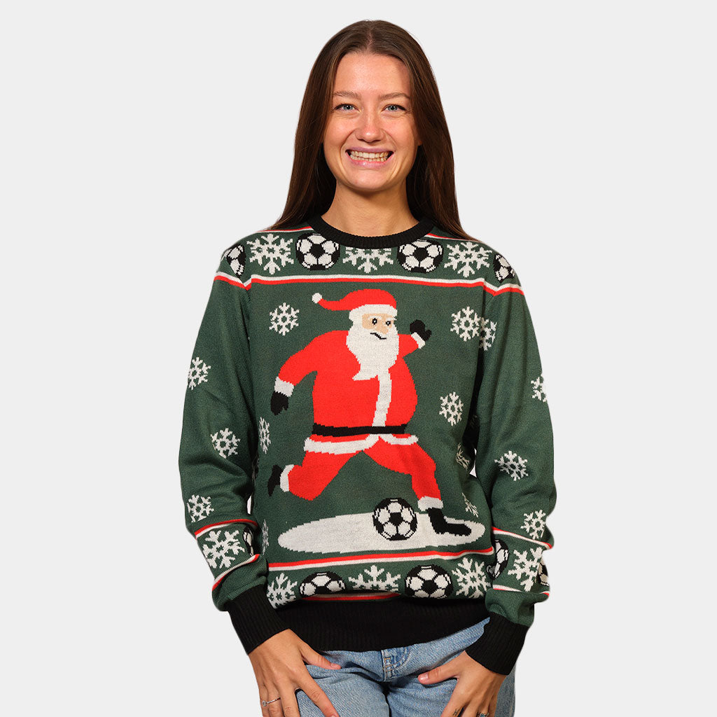 Womens Green Ugly Christmas Sweater with Santa playing Football