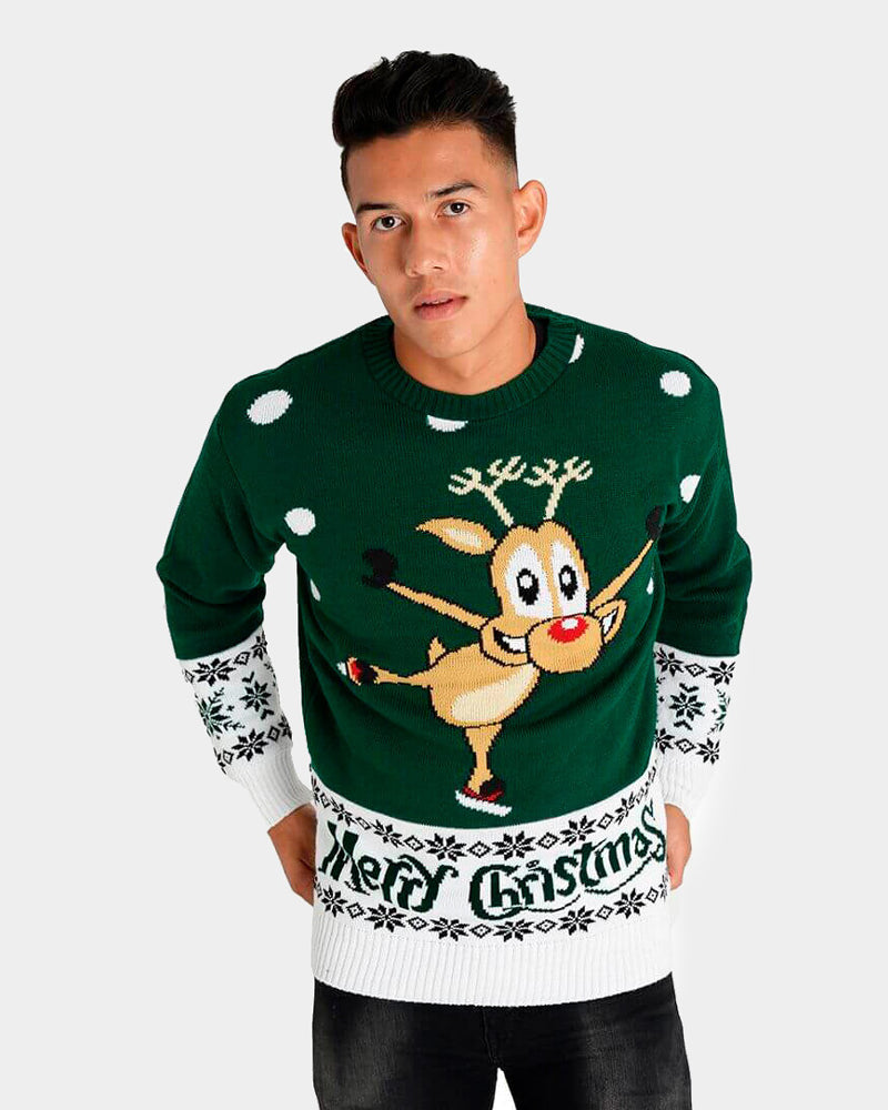 Mens Green Ugly Christmas Sweater with skating Reindeer