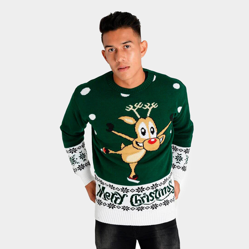 Mens Green Ugly Christmas Sweater with skating Reindeer