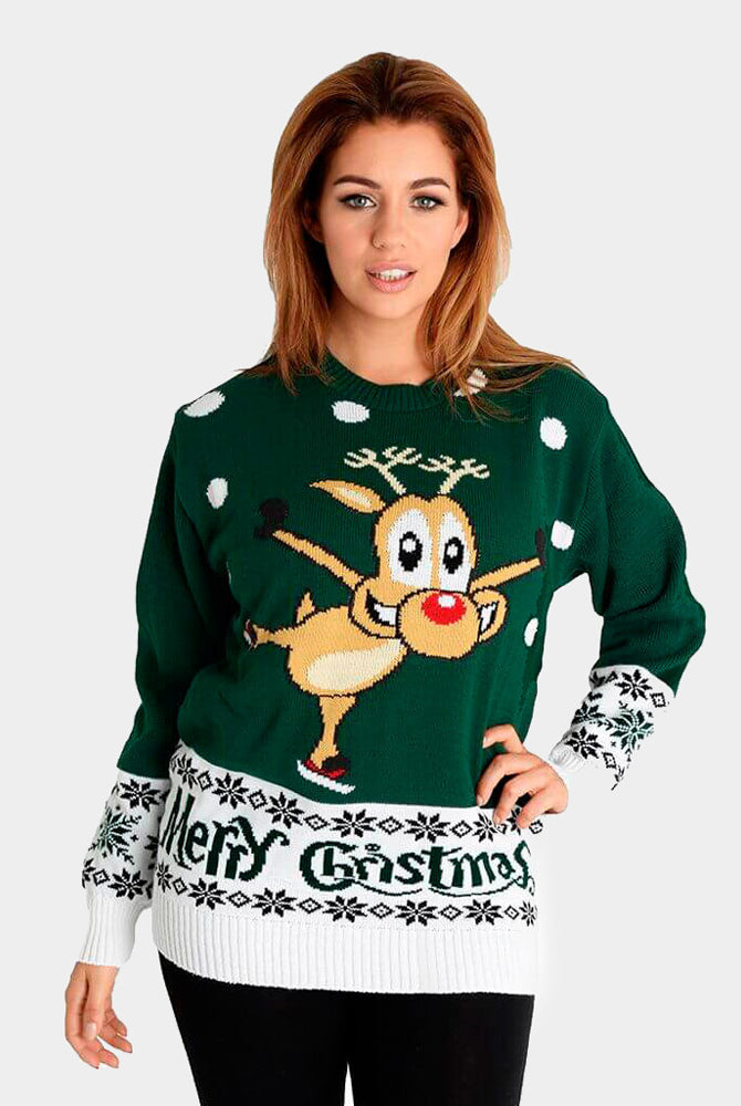 Womens Green Ugly Christmas Sweater with skating Reindeer