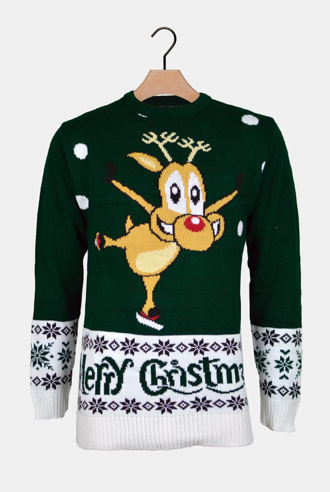 Green Ugly Christmas Sweater with skating Reindeer