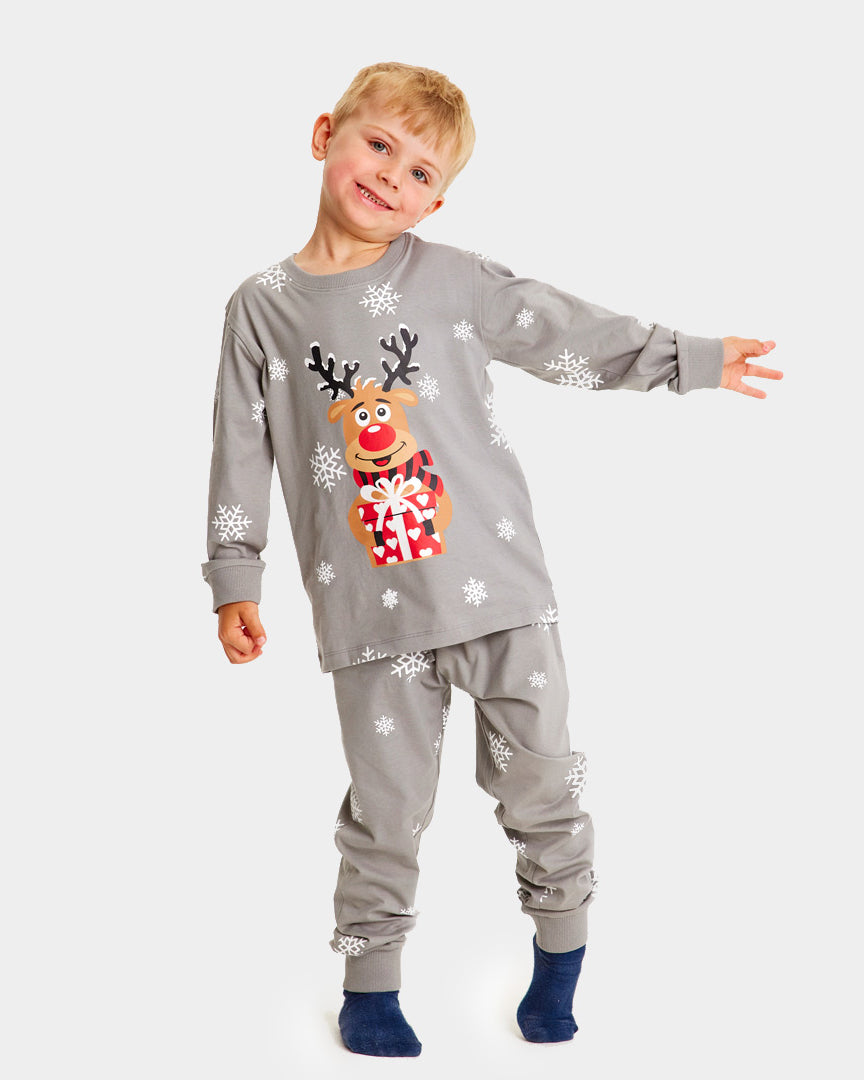Grey Ugly Christmas Piyama for Family with Rudolph the Reindeer kids