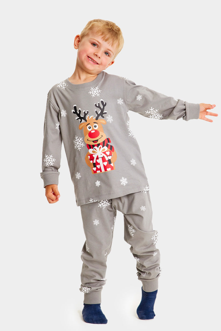 Grey Ugly Christmas Piyama for Family with Rudolph the Reindeer kids