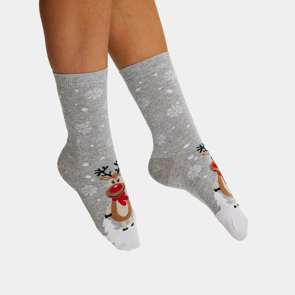Grey Unisex Ugly Christmas Socks Cute Reindeers womens and mens