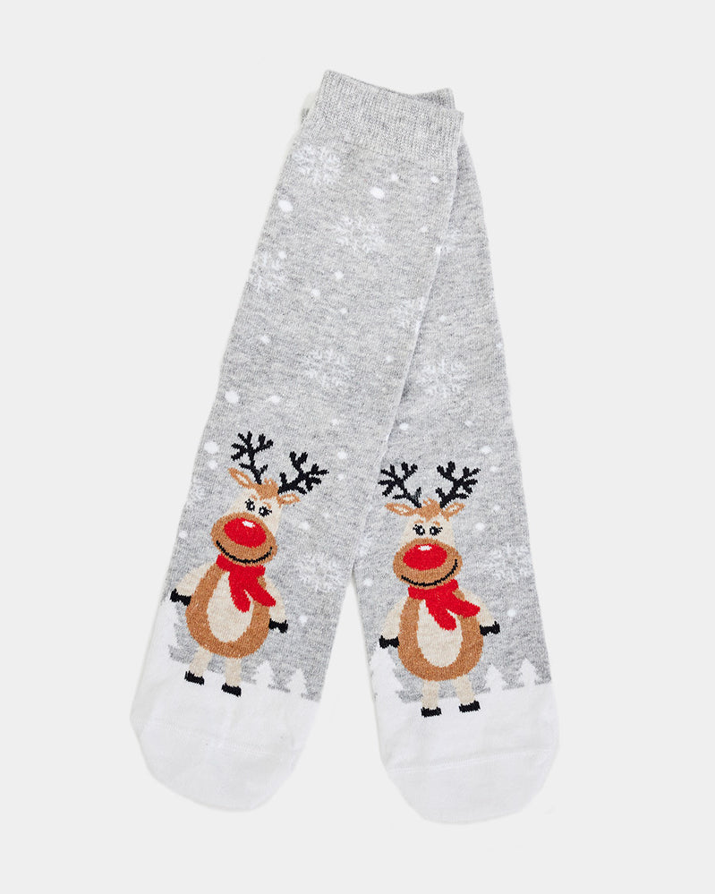 Grey Unisex Ugly Christmas Socks Cute Reindeers