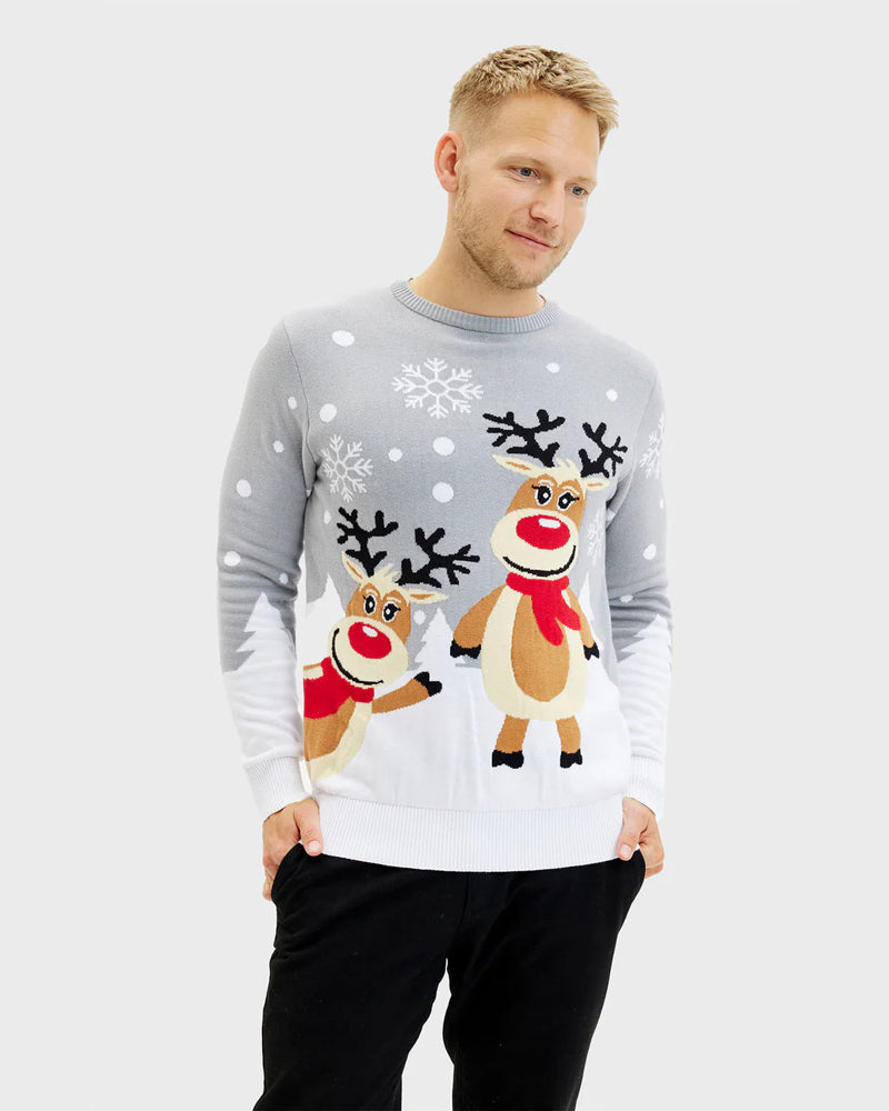 Mens Grey Organic Cotton Cute Reindeers Family Ugly Christmas Sweater