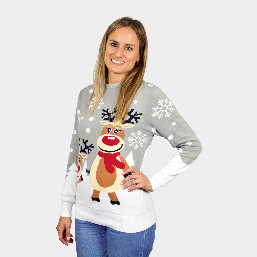 Womens Grey Organic Cotton Cute Reindeers Family Ugly Christmas Sweater