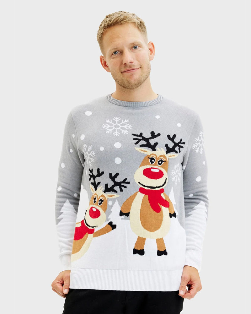 Mens Grey Organic Cotton Cute Reindeers Ugly Christmas Sweater
