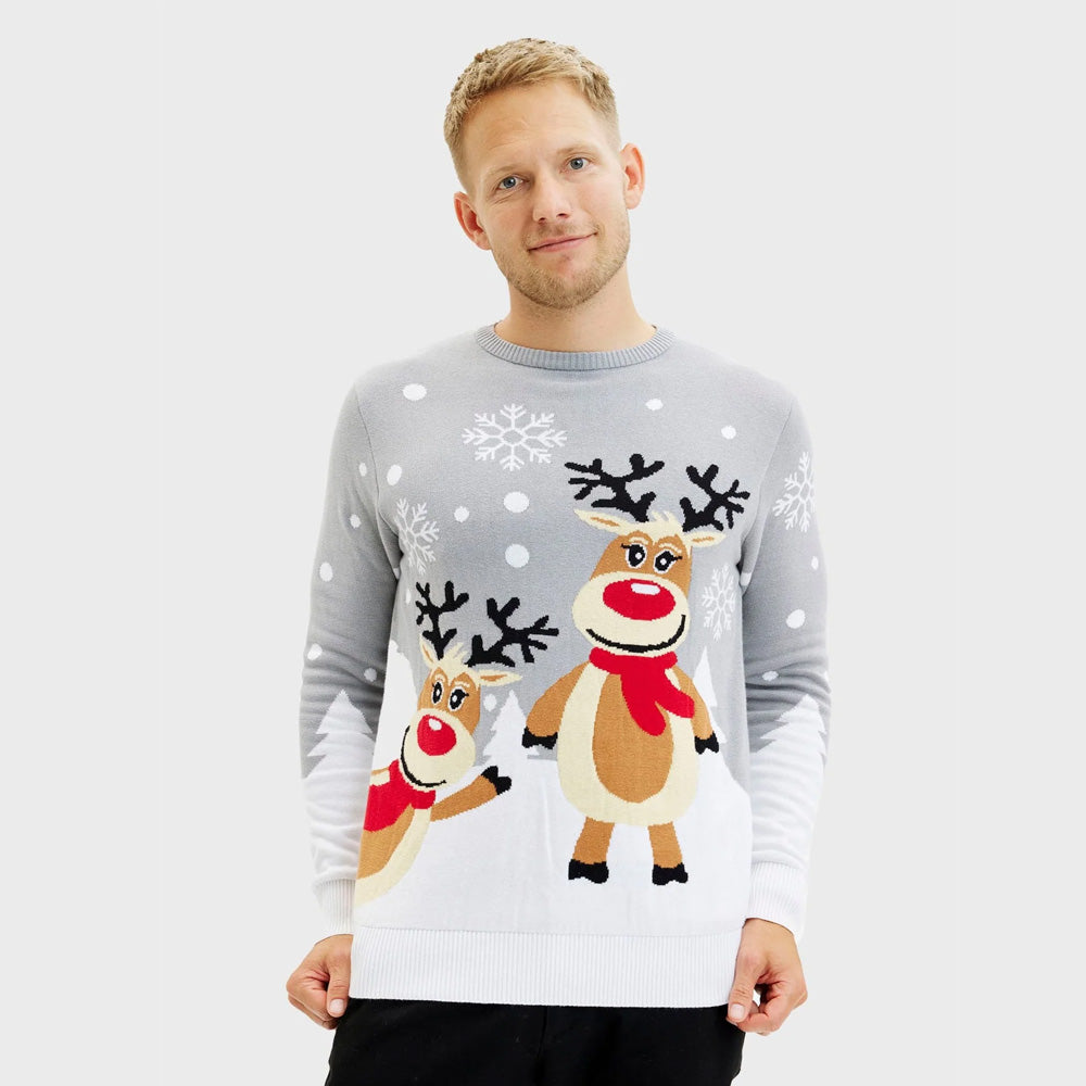 Mens Grey Organic Cotton Cute Reindeers Ugly Christmas Sweater